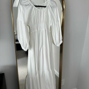 White Long Sleeve Smocked Waist Maxi Dress
